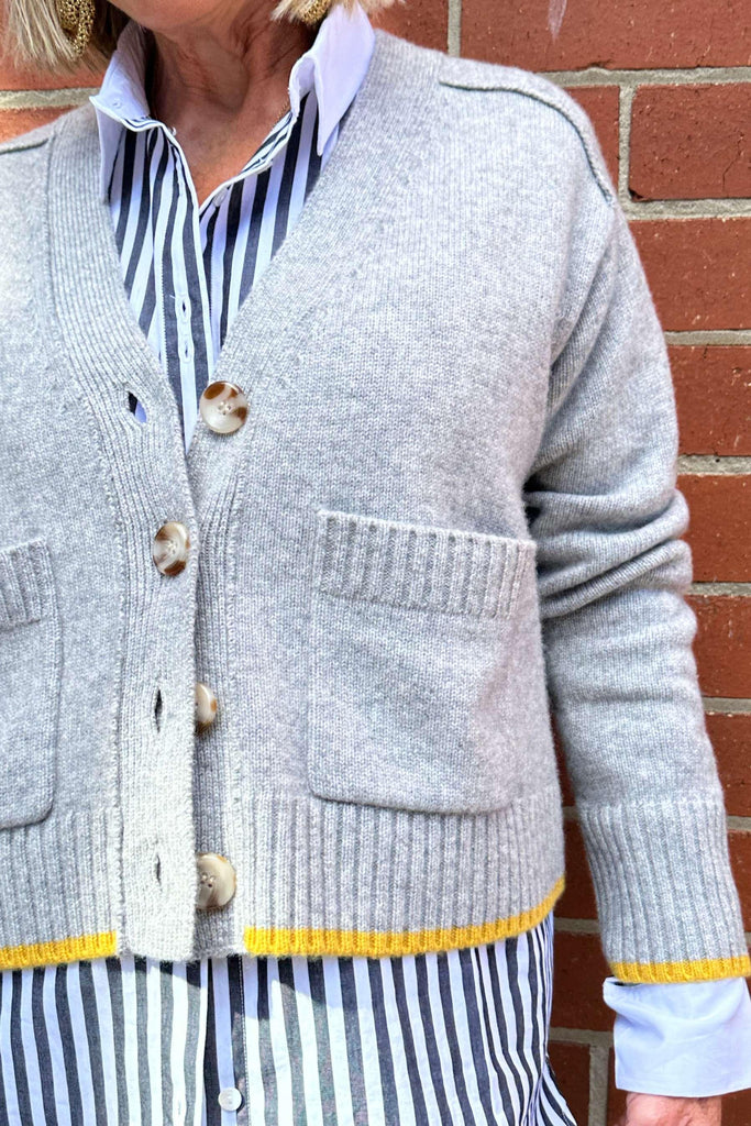 Rosie Cardigan | Ash Grey & Mustard Tips by Rose St. in stock at Rose St Trading Co