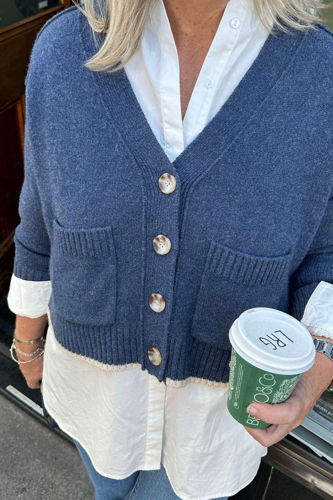 Rosie Cardigan | Denim Blue with Oat Tips by Rose St. in stock at Rose St Trading Co