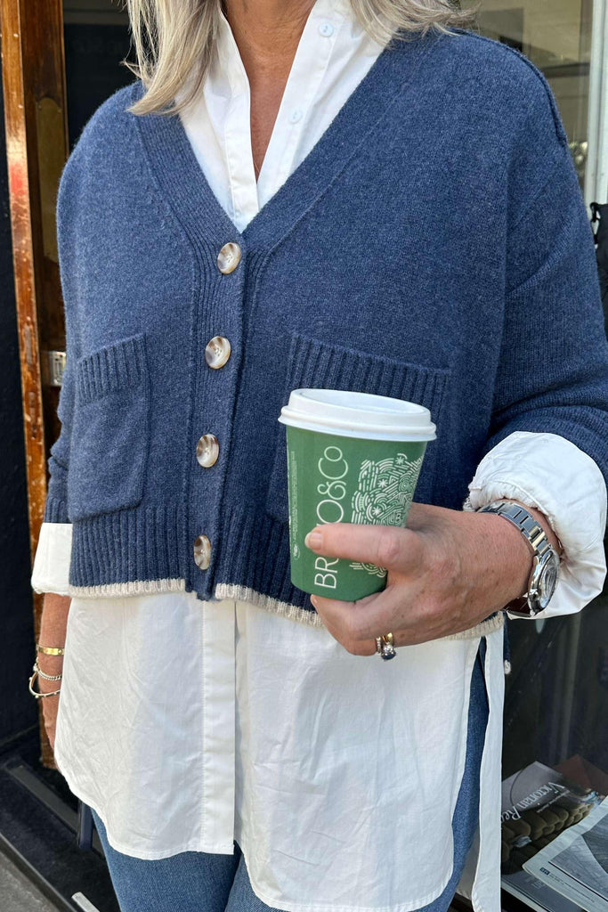 Rosie Cardigan | Denim Blue with Oat Tips by Rose St. in stock at Rose St Trading Co