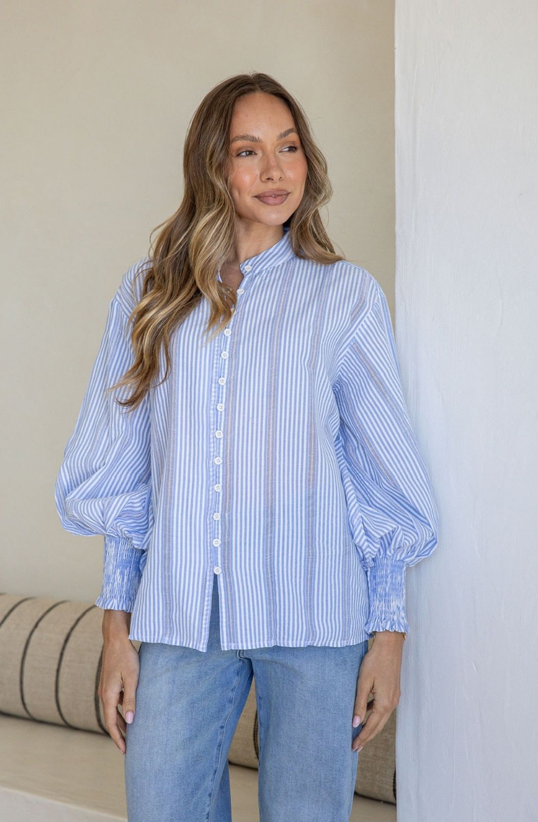 Seersucker Stripe Cotton Shirt | Blue