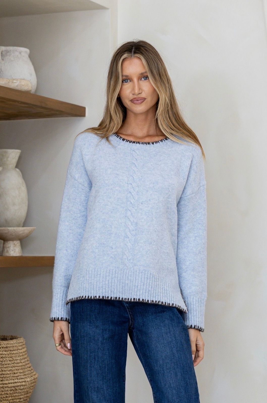 Blanket Stitch Cable Front Knit | Powder Blue/Choc