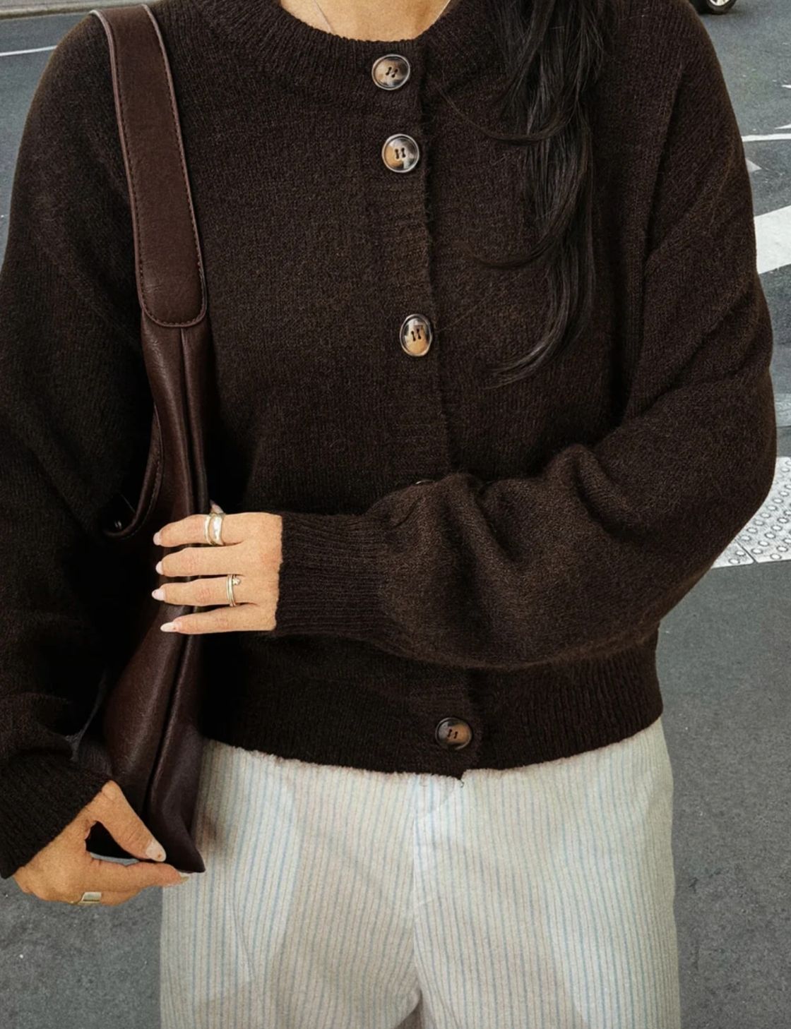 Crew Neck Cardi | Chocolate