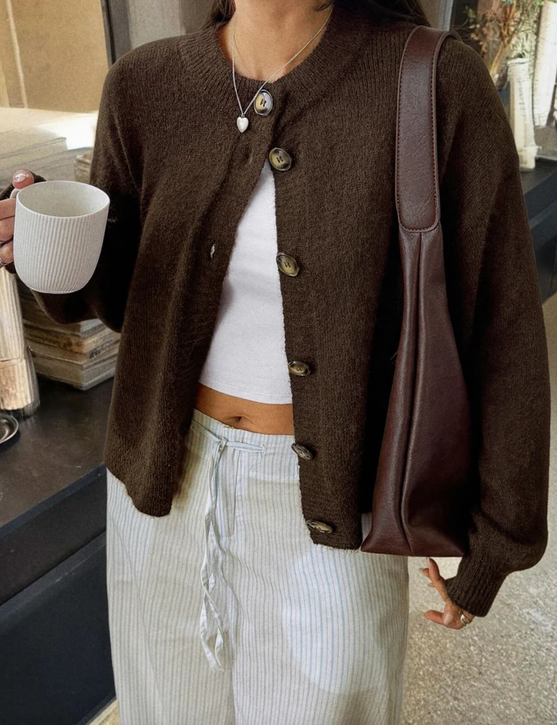 Crew Neck Cardi | Chocolate