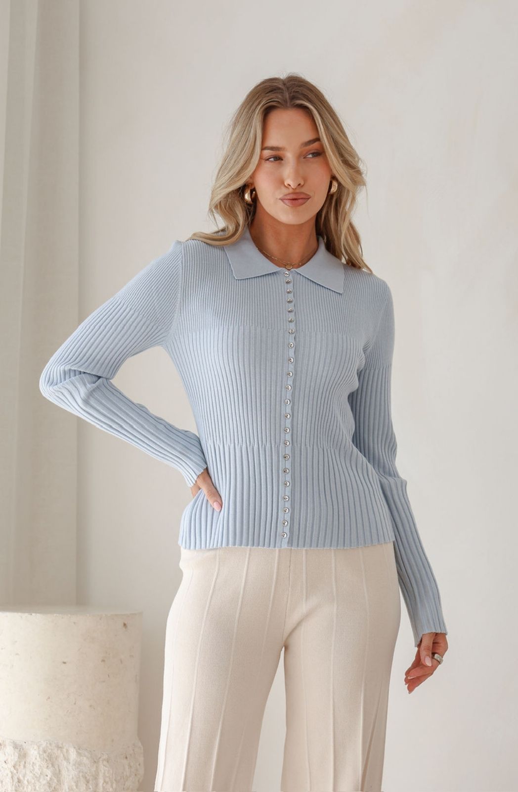 Mayfair Wool Blend Collared Rib Knit | Powder Blue