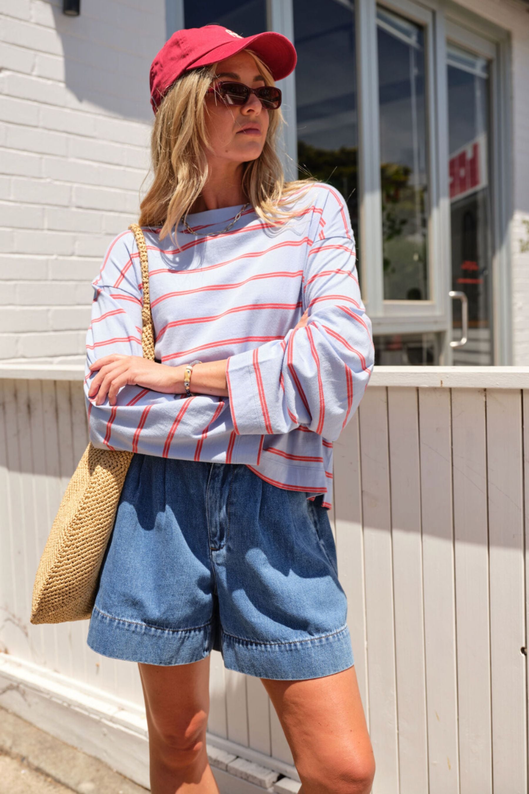 Beau Long Sleeve Slouchy Tee | China Blue &amp;  Vintage Red Stripe