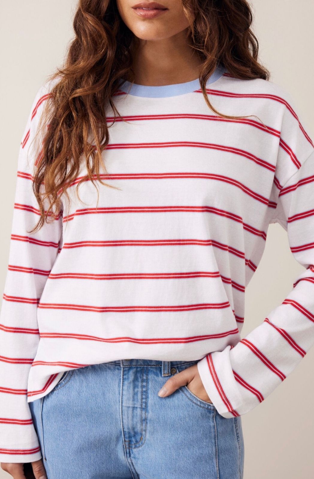 Scout Slouchy Long Sleeve Tee | White/China Blue/Chilli Red Stripe