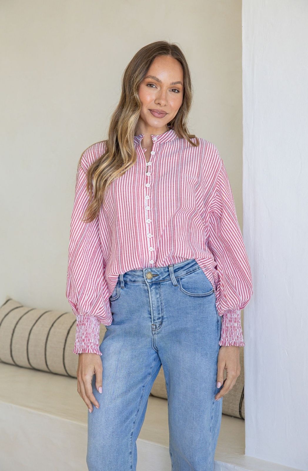 Seersucker Stripe Cotton Shirt | Red