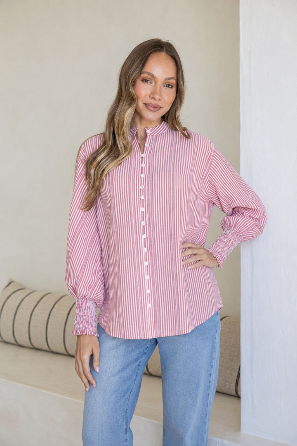 Seersucker Stripe Cotton Shirt | Red