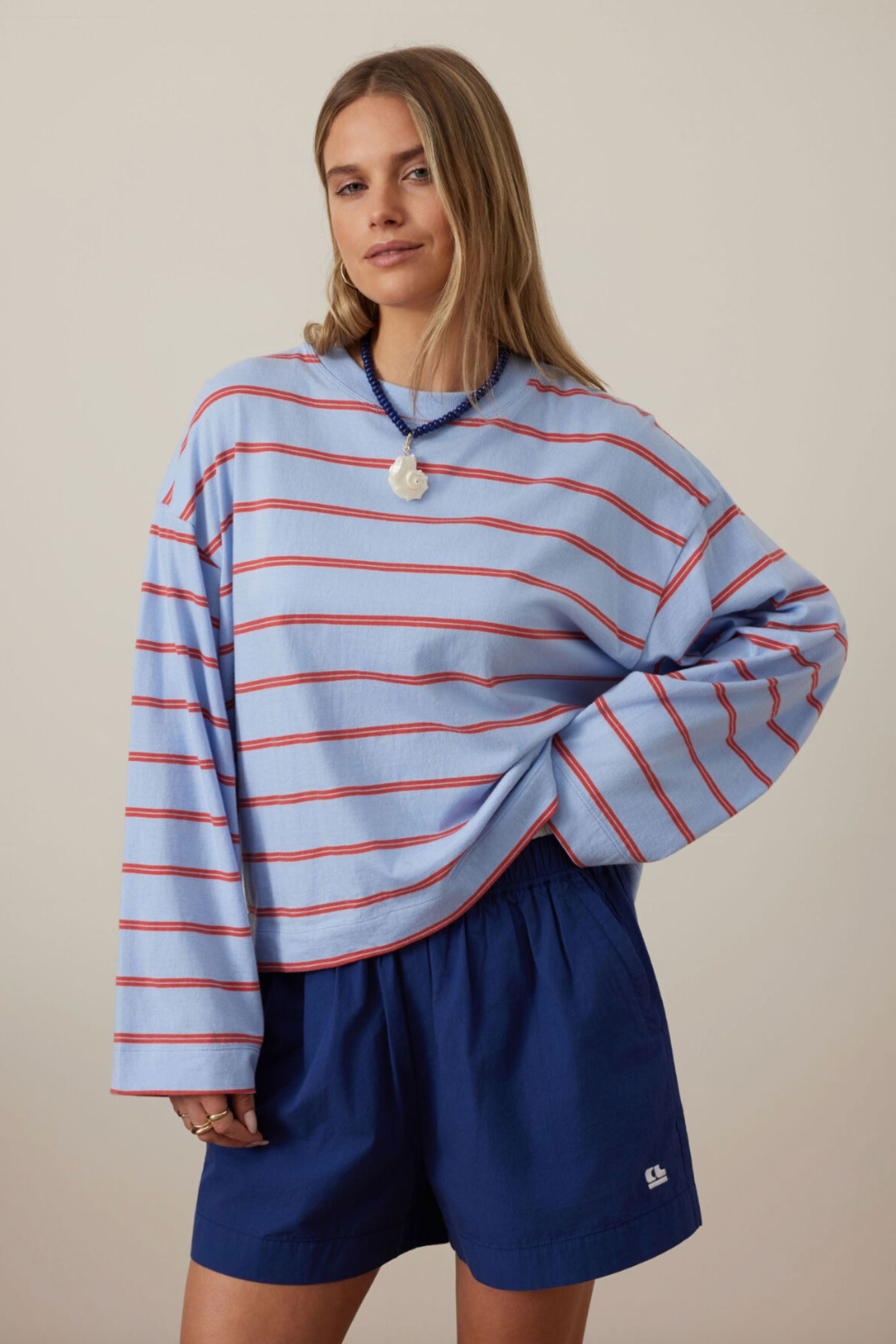 Beau Long Sleeve Slouchy Tee | China Blue &amp;  Vintage Red Stripe
