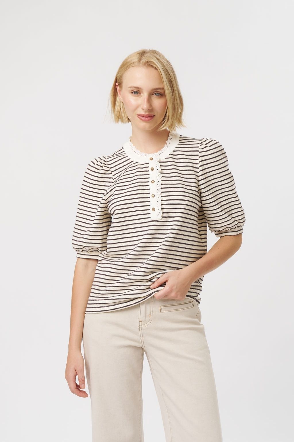 Jacqueline Top | White/Brown Stripe