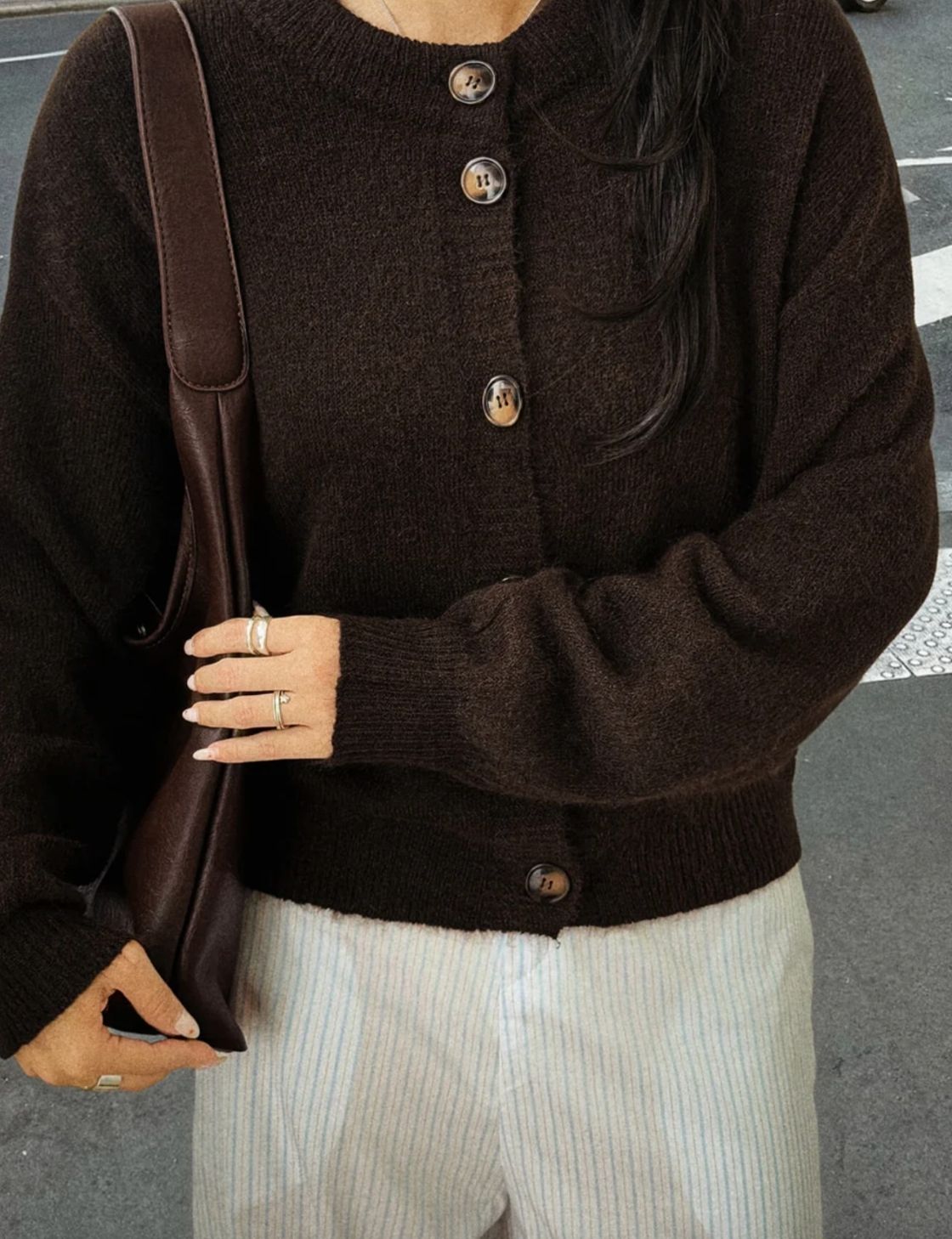 Crew Neck Cardi | Chocolate