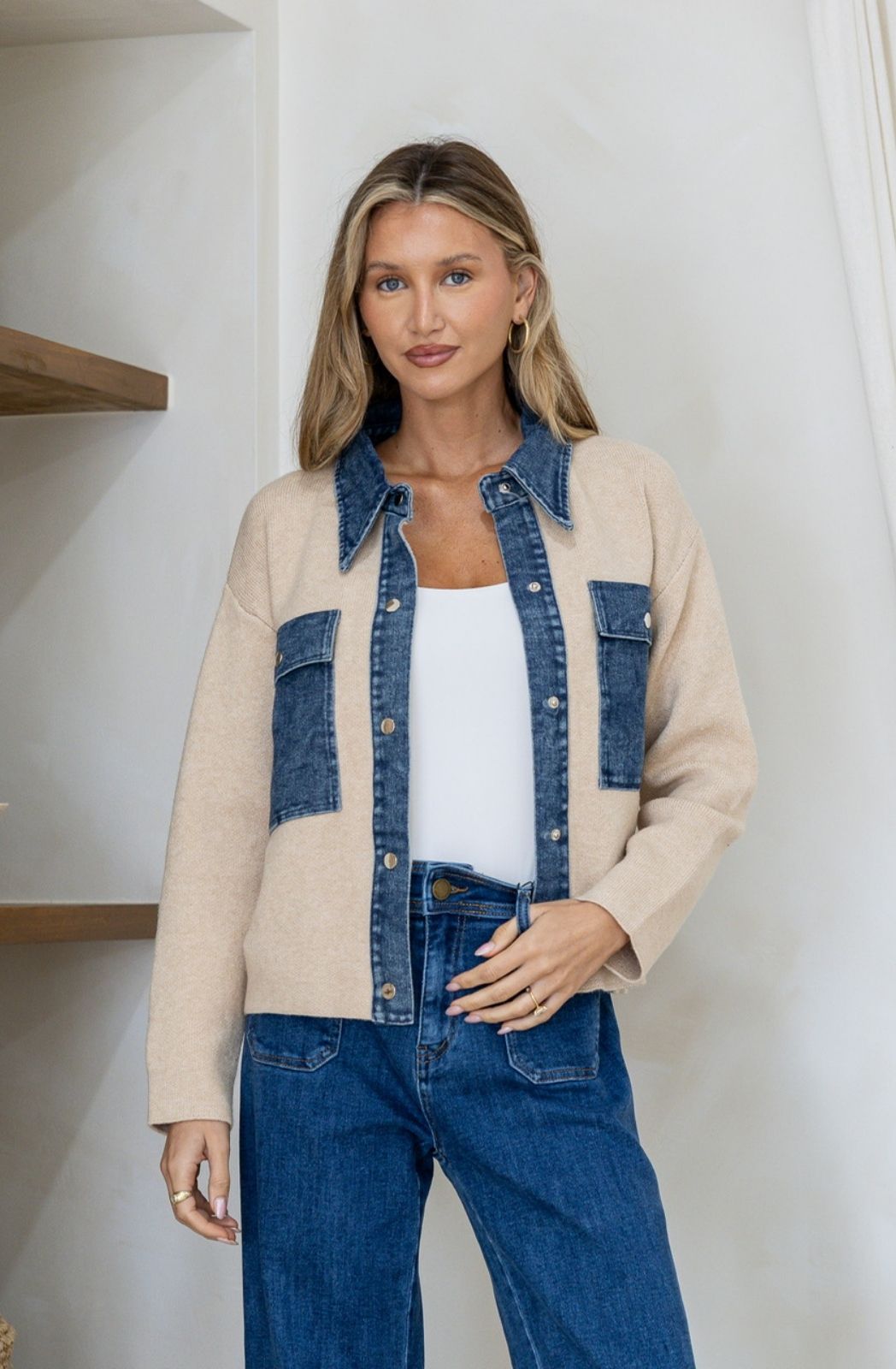 Denim Detail Knit Shacket | Latte