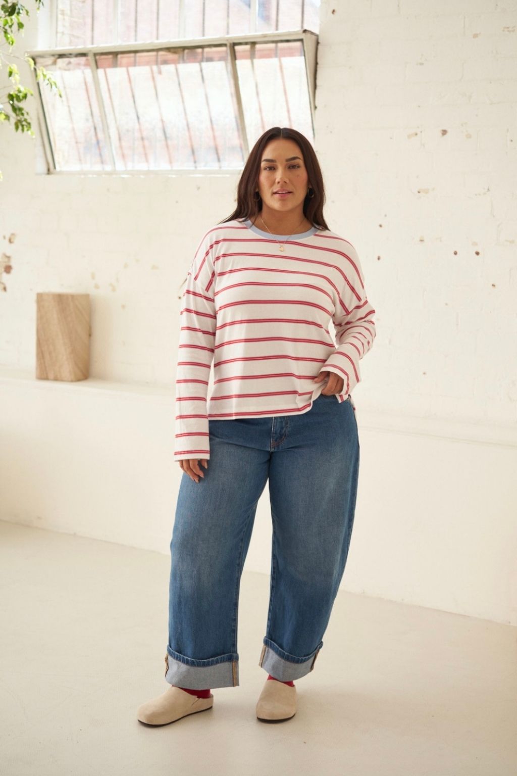 Scout Slouchy Long Sleeve Tee | White/China Blue/Chilli Red Stripe