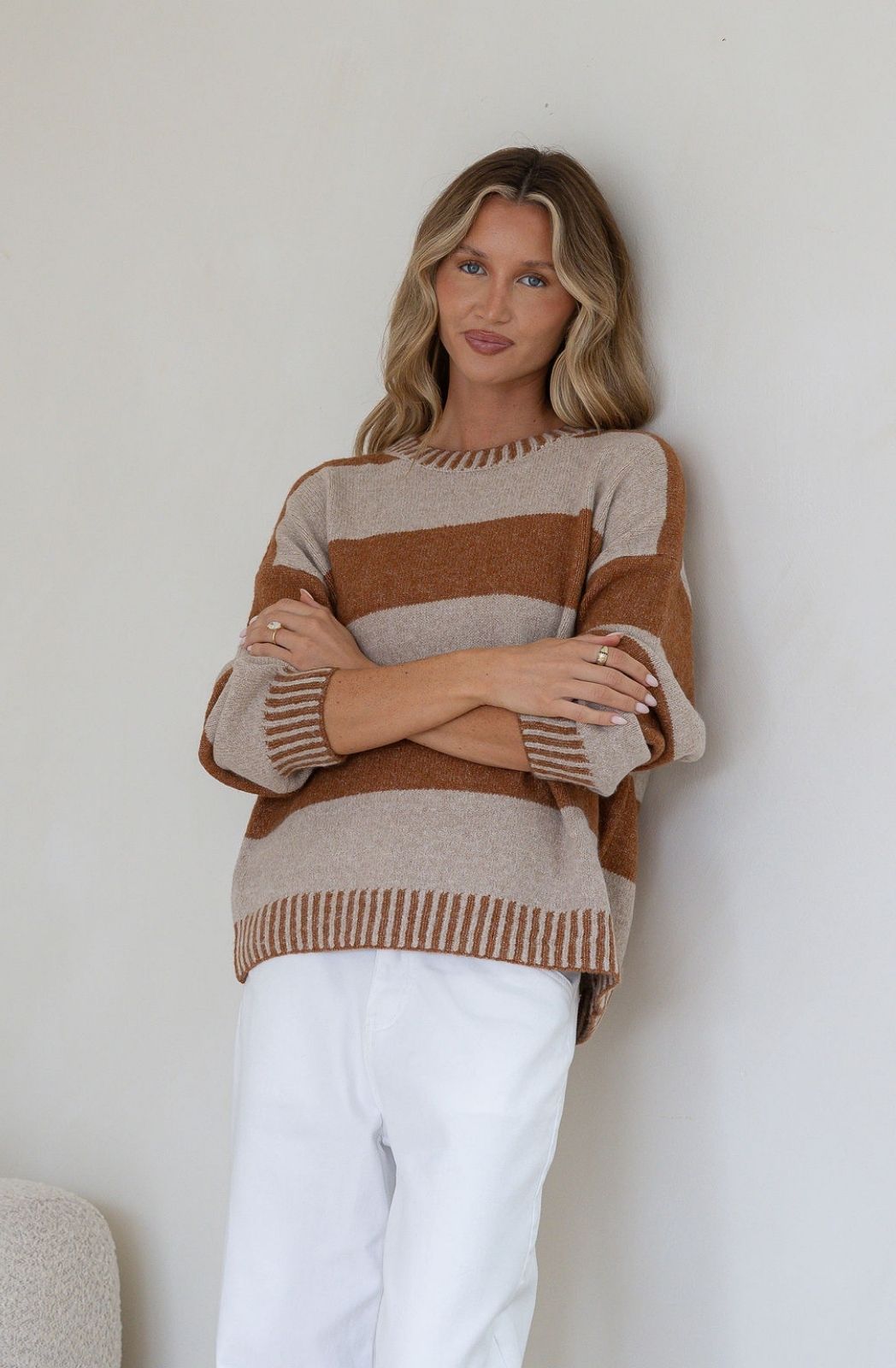 Macie Stripe Blanket Stitch Knit | Tan/Warm Beige