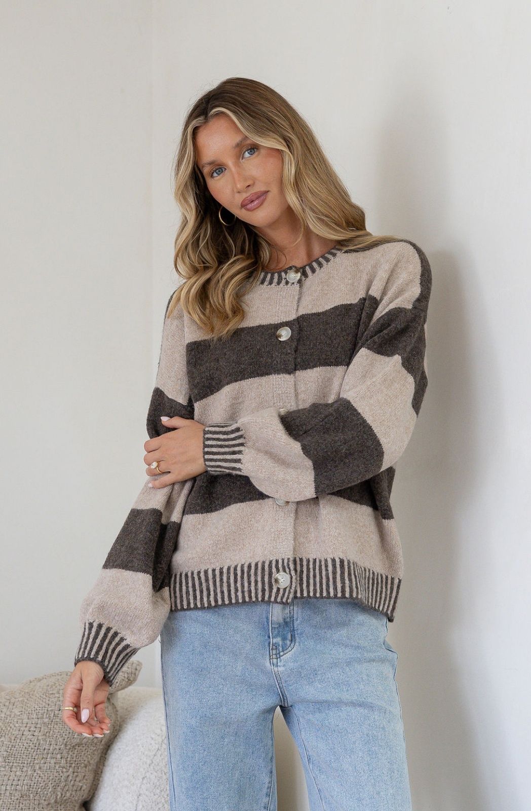 Macie Stripe Blanket Stitch Cardi | Chocolate/Warm Beige