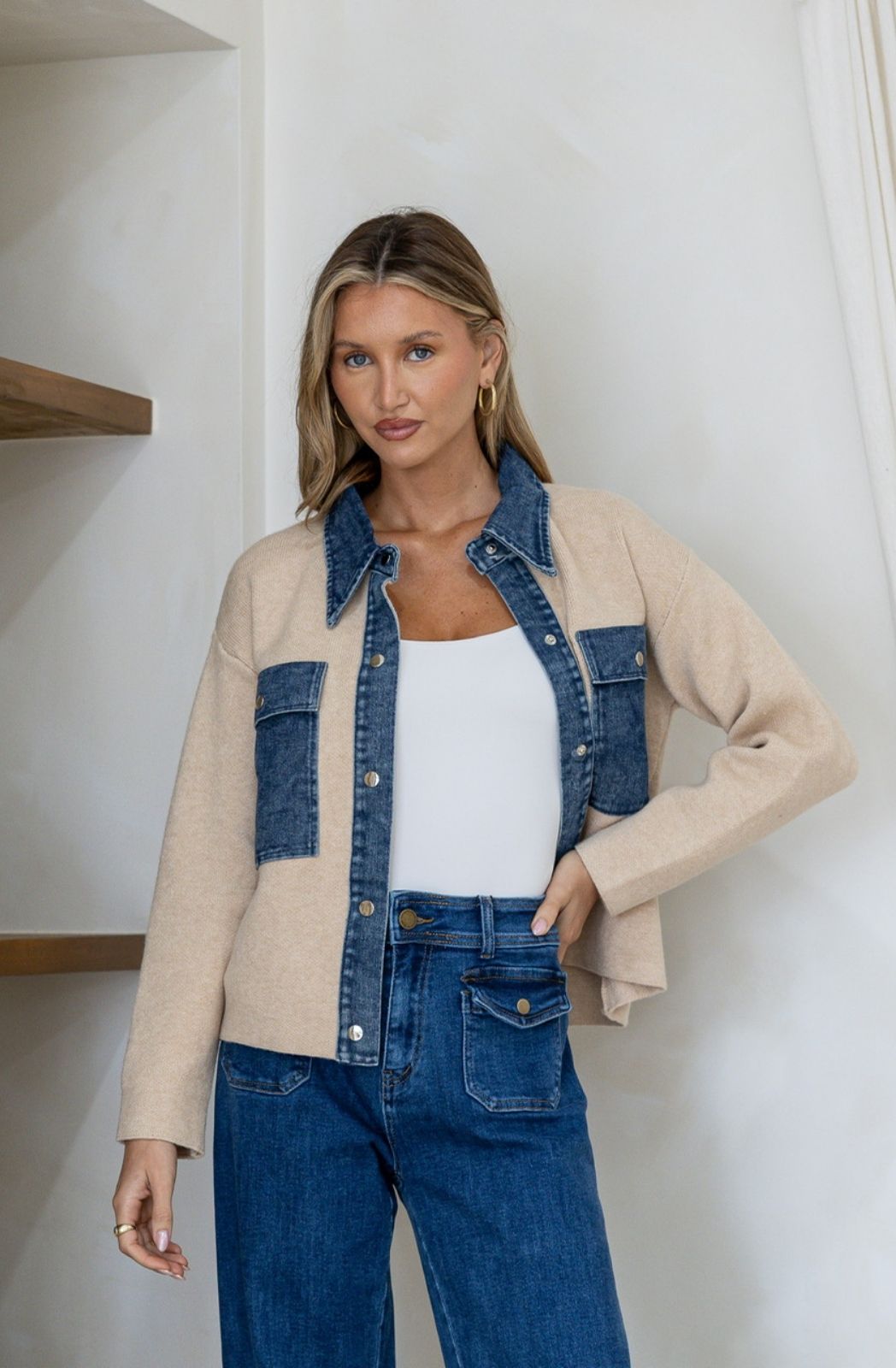 Denim Detail Knit Shacket | Latte
