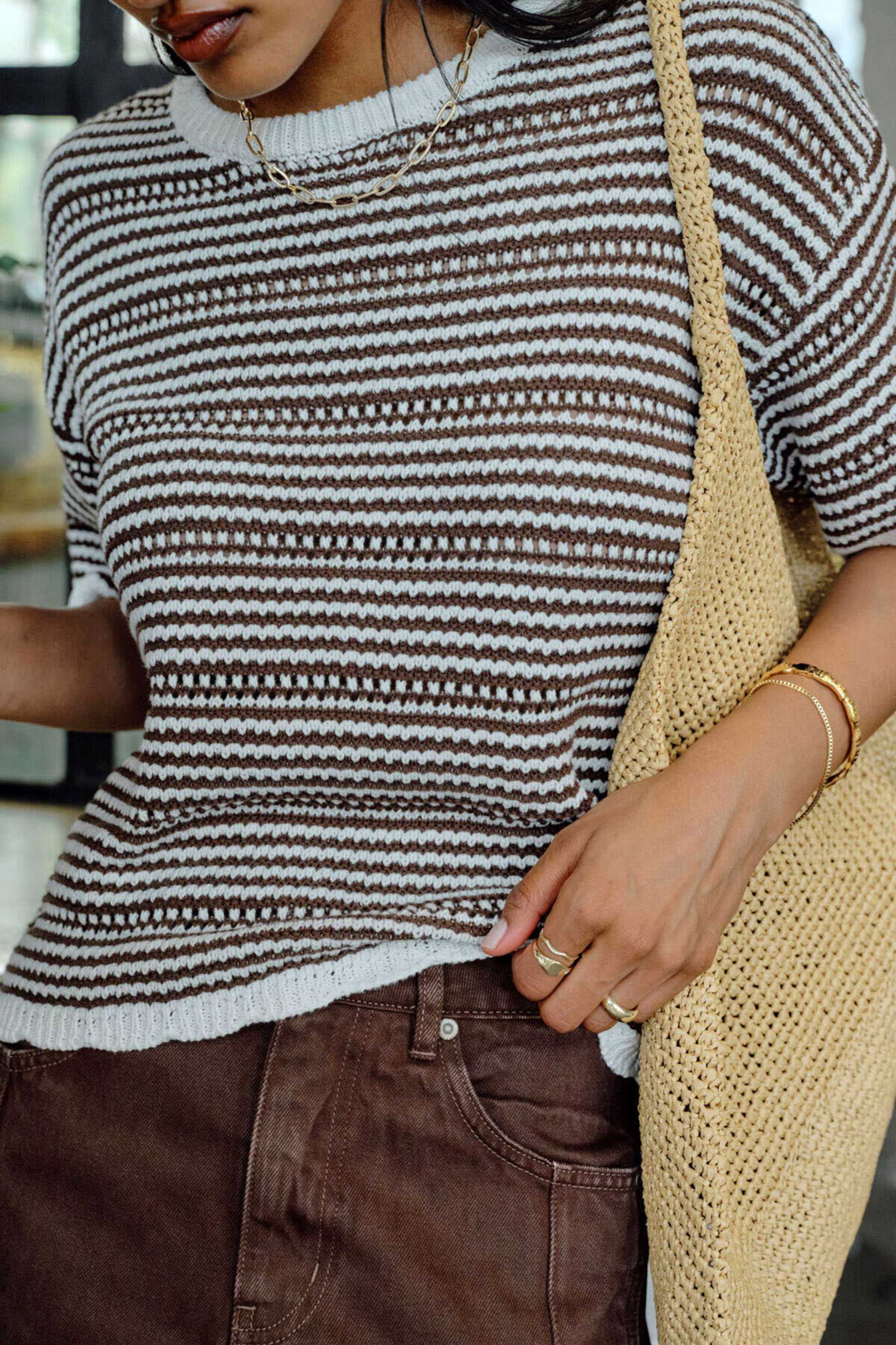 Nina Boxy Knit Tee | Chocolate Stripe