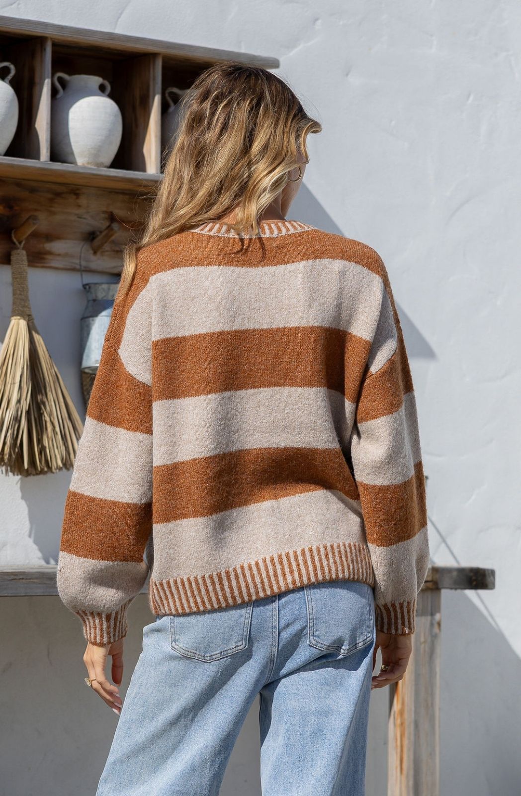 Macie Stripe Blanket Stitch Knit | Tan/Warm Beige