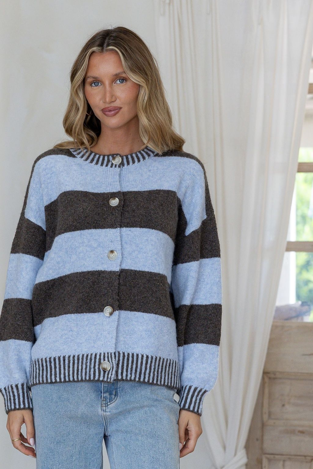 Macie Blanket Stitch Cardi | Powder Blue/Chocolate