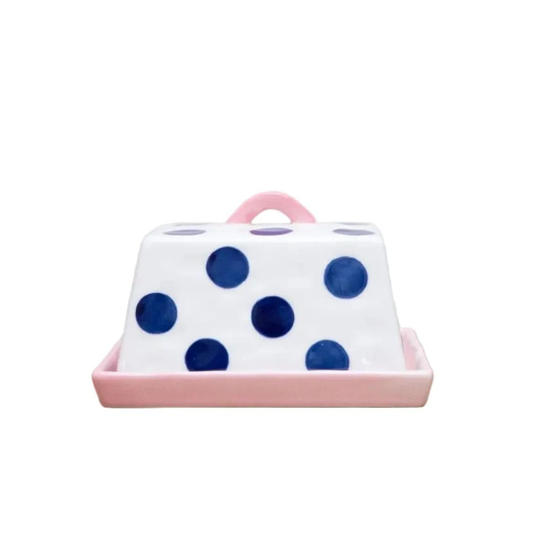 Large Butter Dish | Navy Spots with Pink Handle &amp; Tray