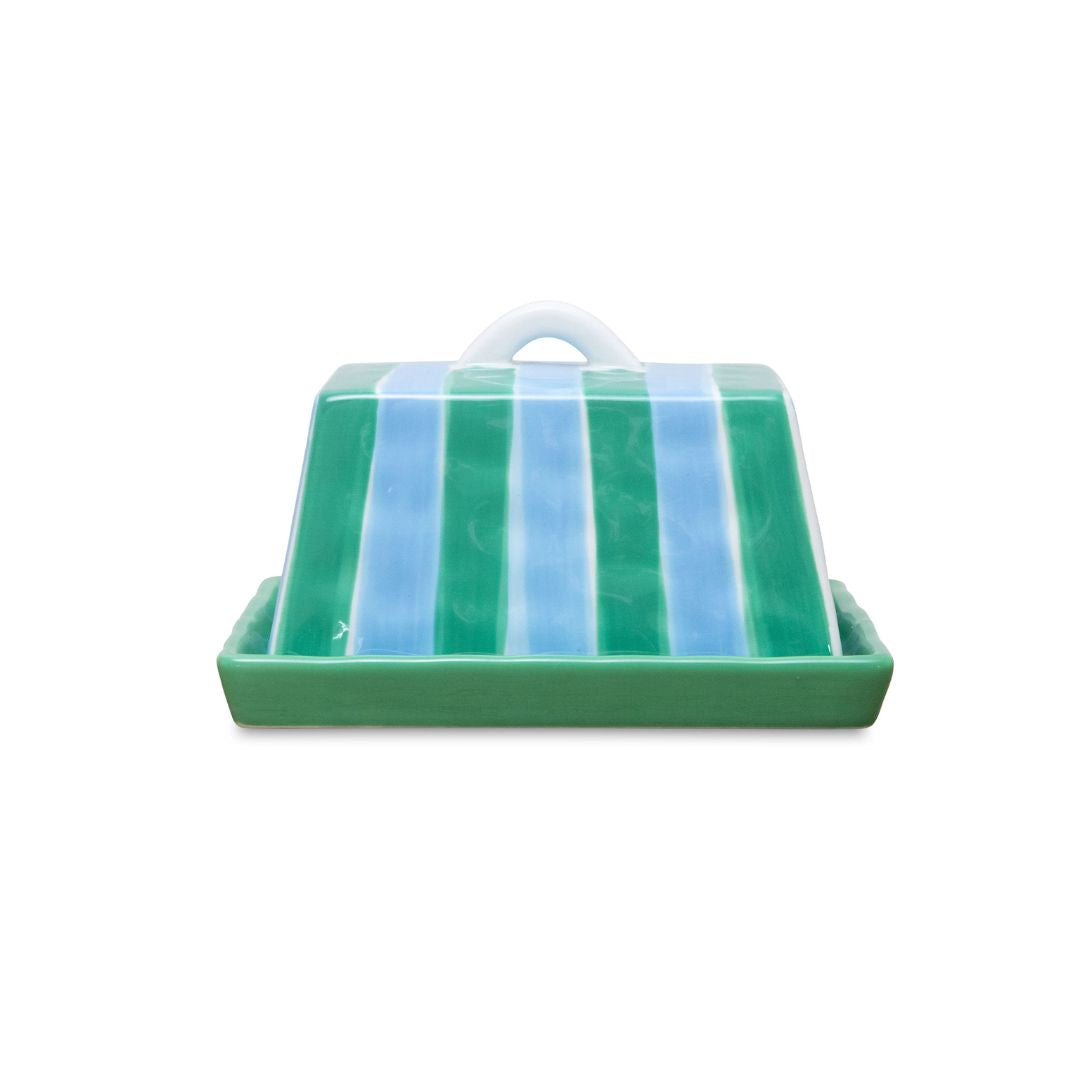 Large Butter Dish | Cornflower Blue &amp; Green Stripe