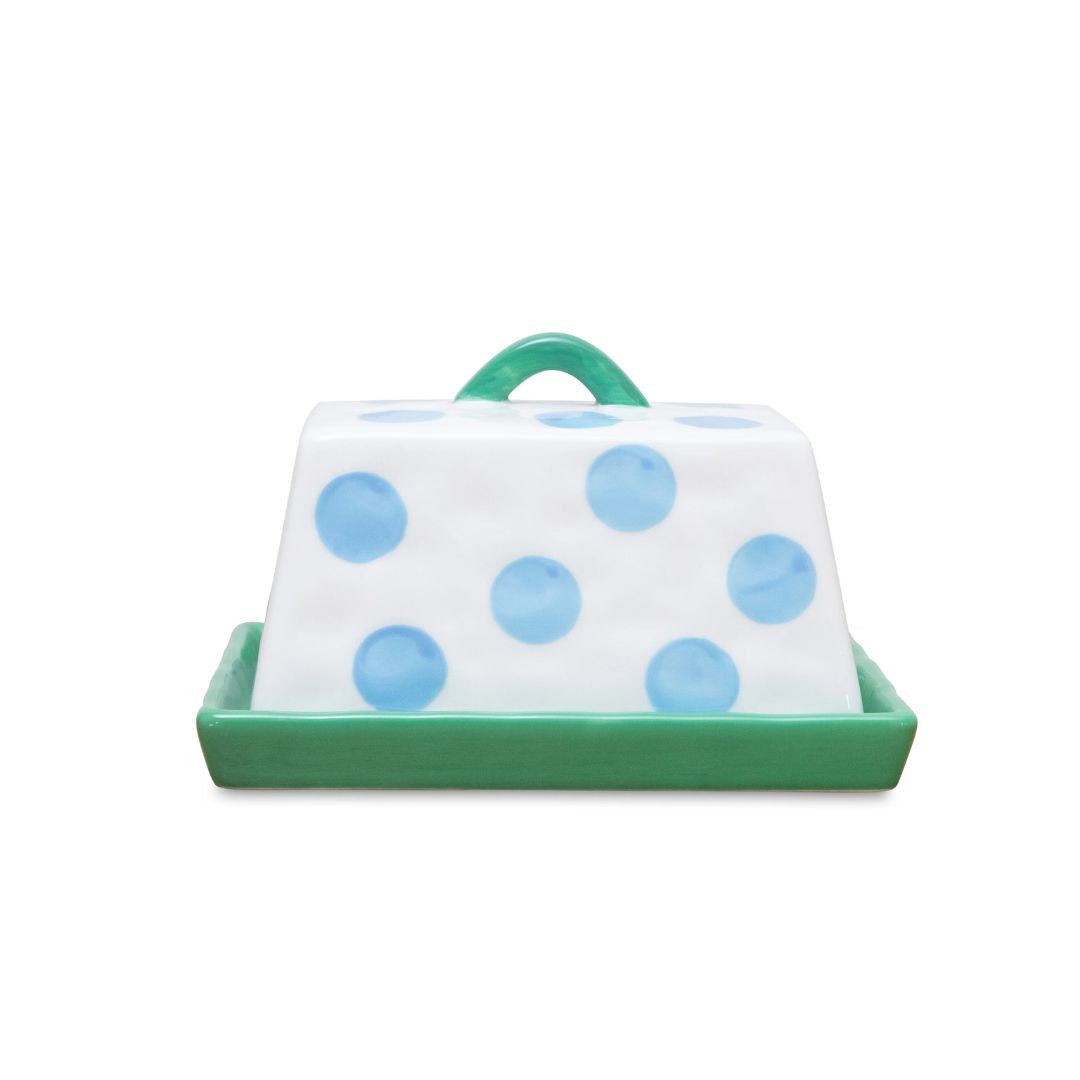 Large Butter Dish | Blue Spots with Green Handle &amp; Tray