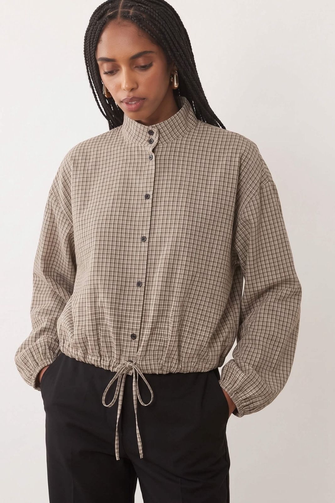 Gingham Drawstring Jacket | Chocolate Check