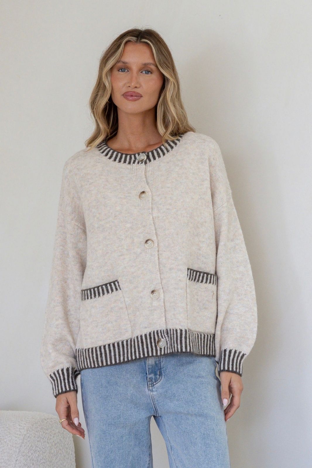 Macie Blanket Stitch Cardi | Beige/Chocolate
