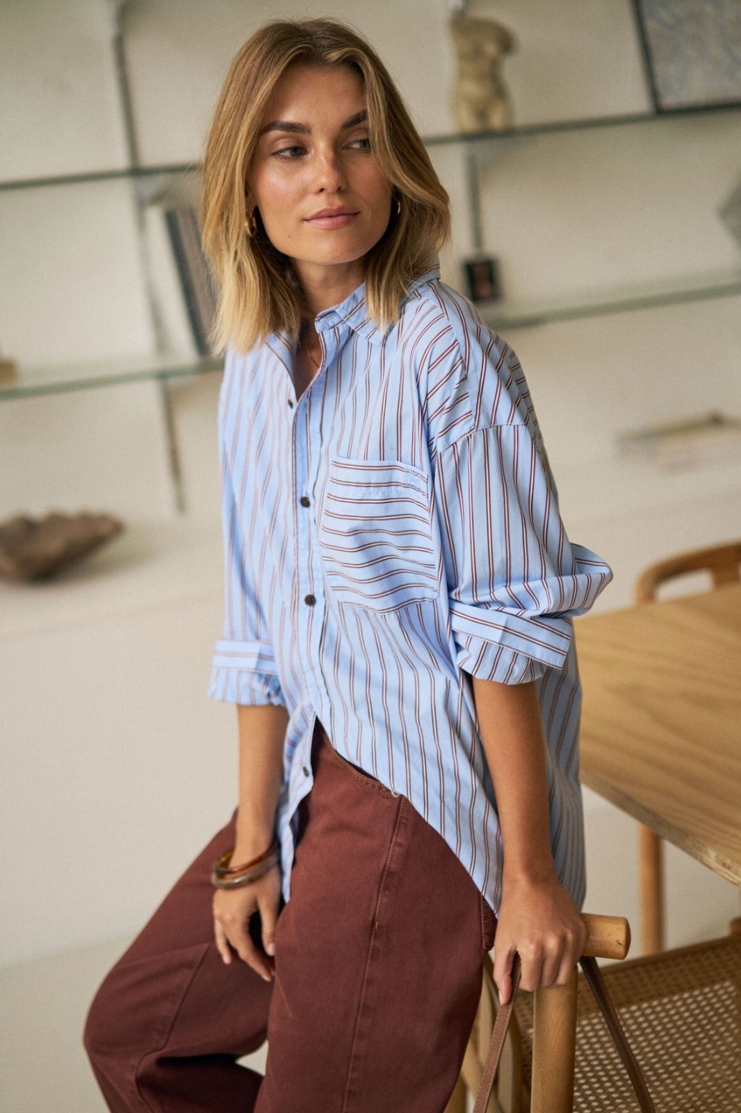 Peta Oversized Shirt | Sky Blue Burgundy Stripe