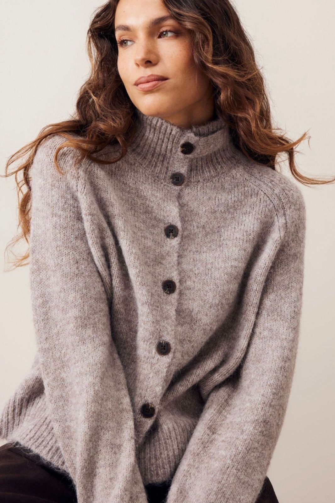 Riley Funnel Neck Tab Cardi | Taupe Marle