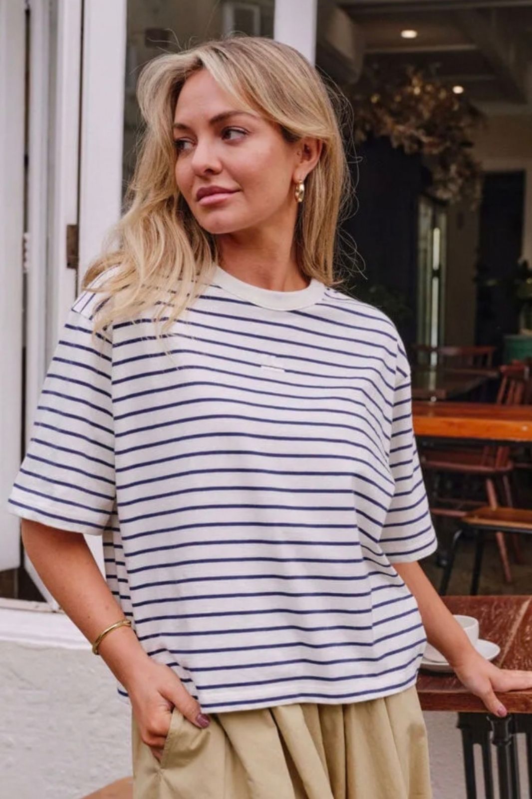 Phoebe Premium Tee | Milk/Prussian Blue Stripe