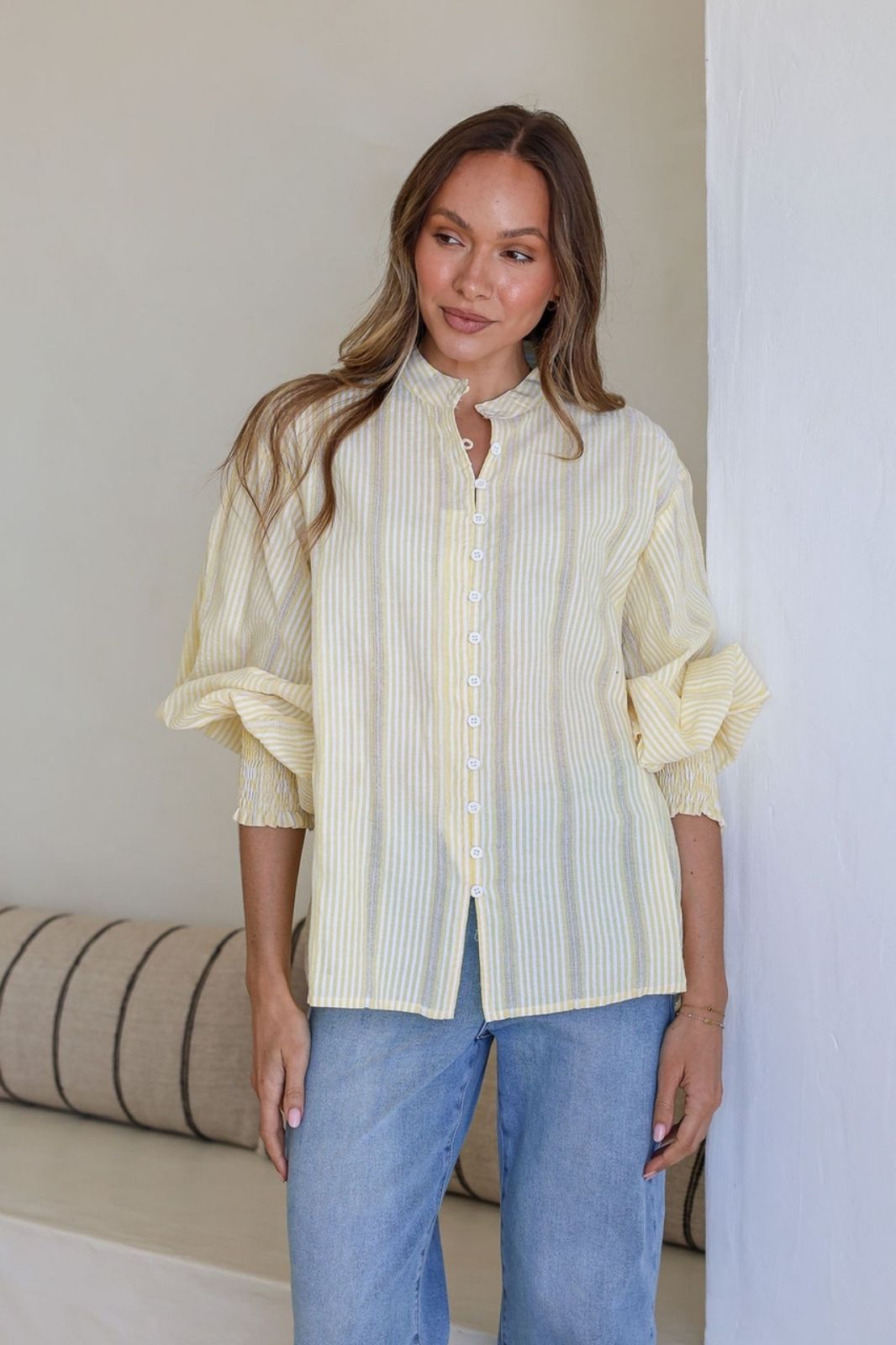 Seersucker Stripe Cotton Shirt | Lemon