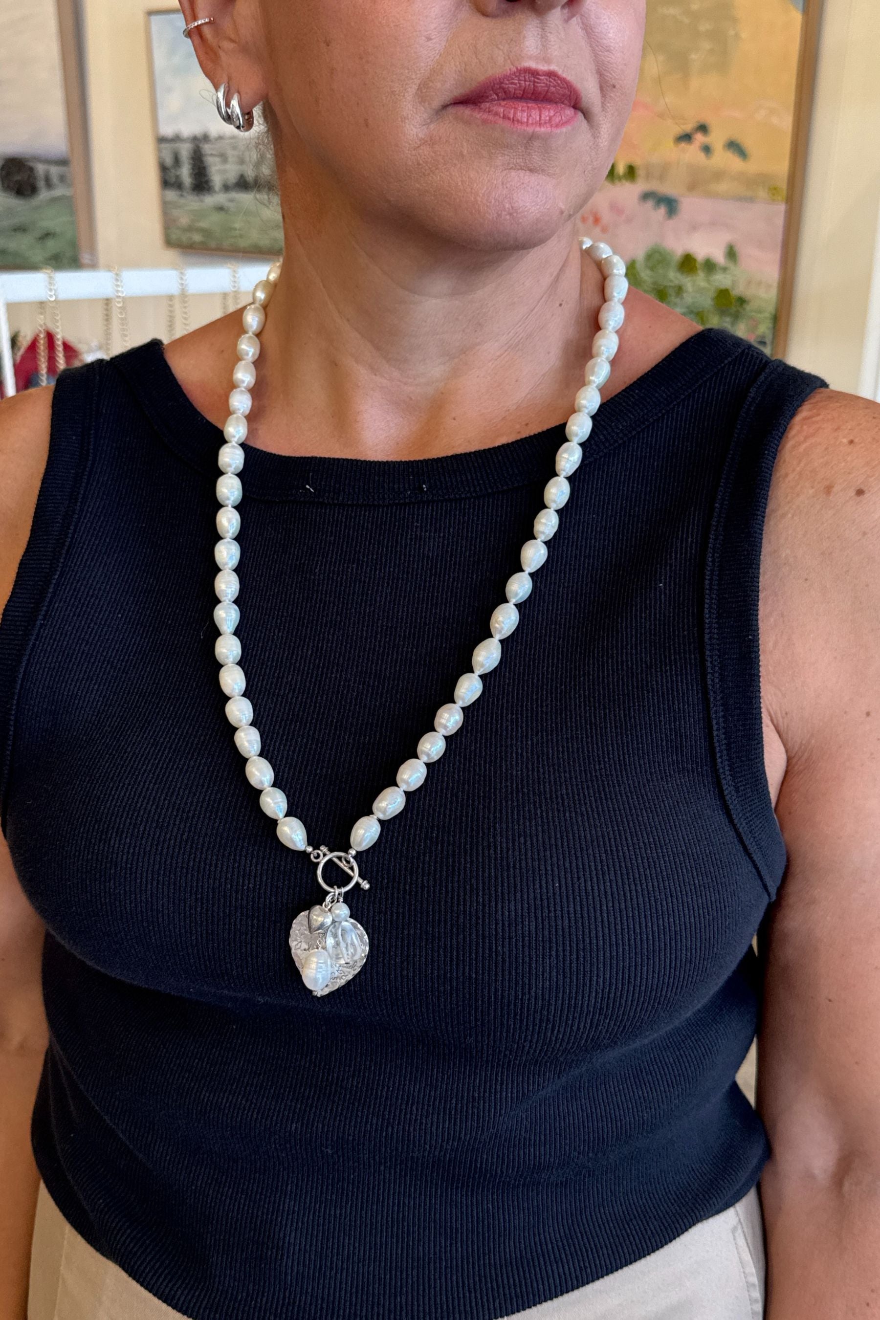 Long Pearl Baroque Necklace with SS J'taime Heart