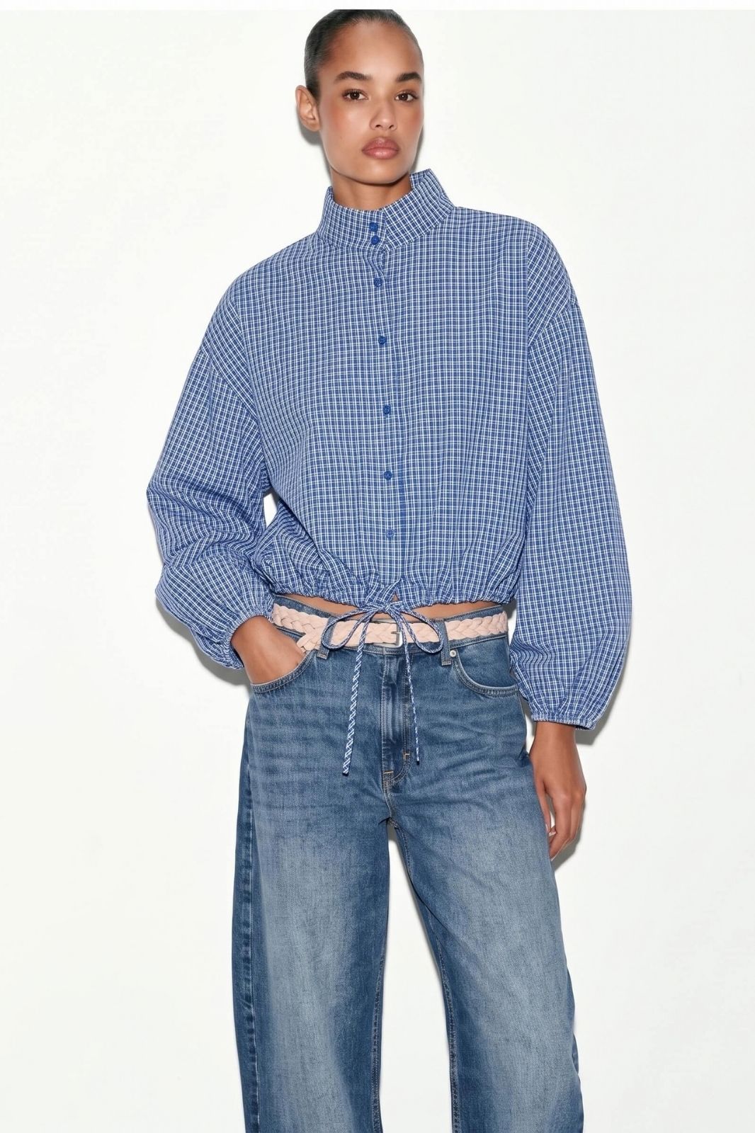 Gingham Drawstring Jacket | Blue Check