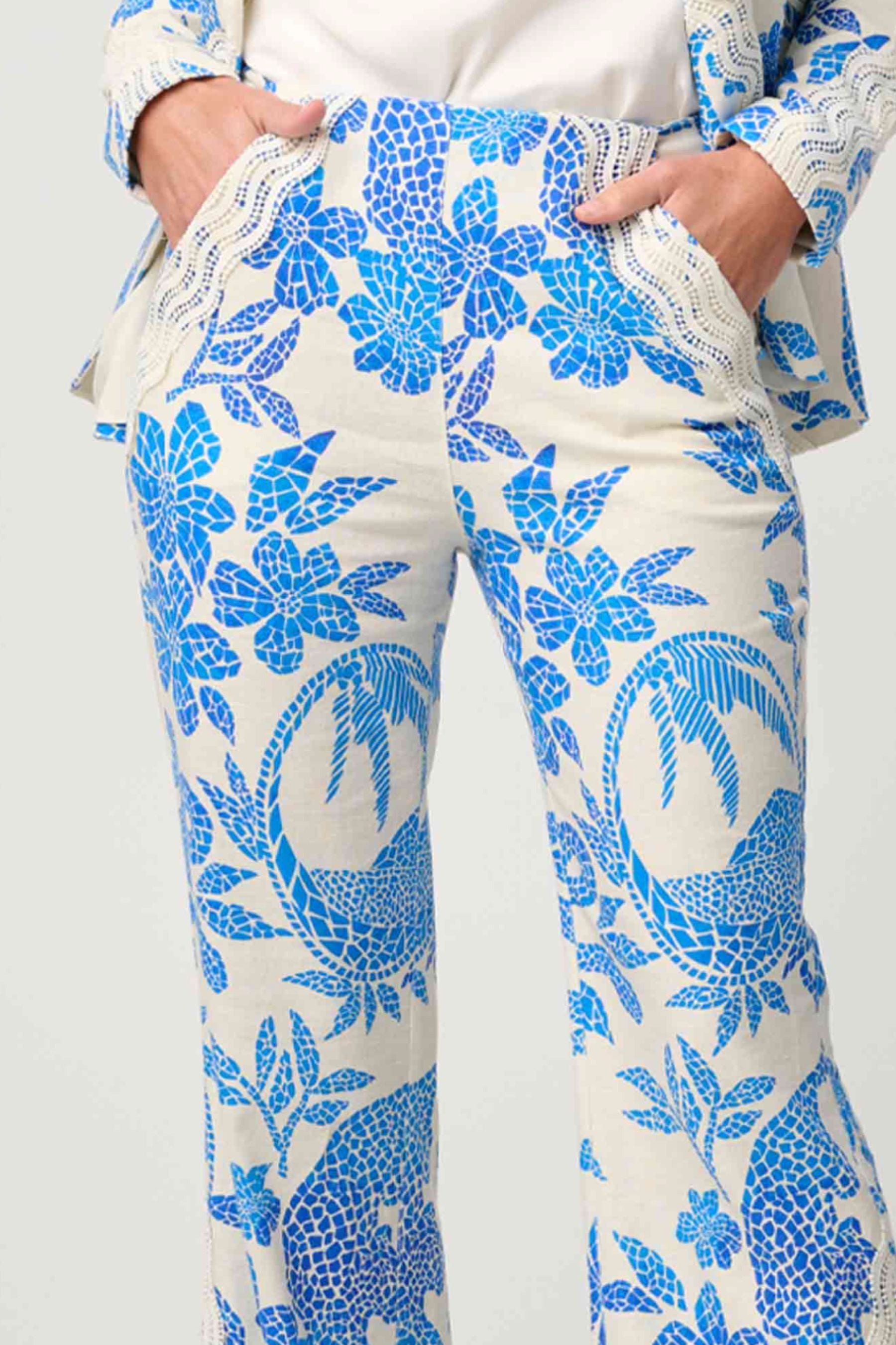 Leandro Linen Viscose Stretch Pant | Azure Mosaic