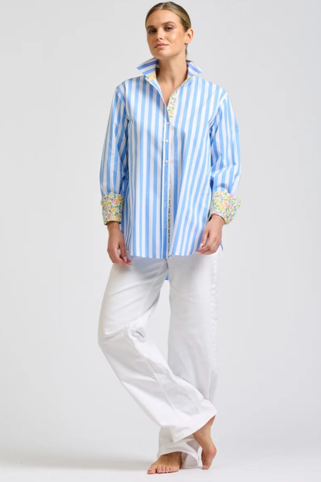Elodie Trim Floral Shirt | Pale Blue Stripe