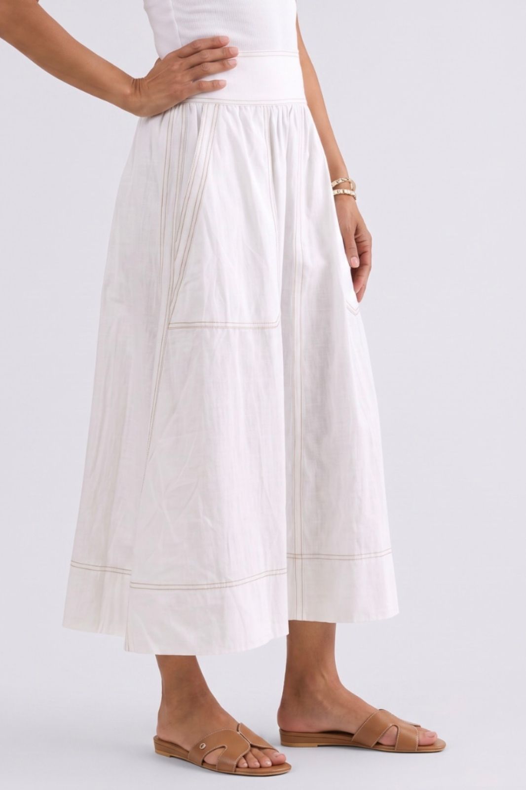 Marion Cotton Skirt | White/Tan Stitching
