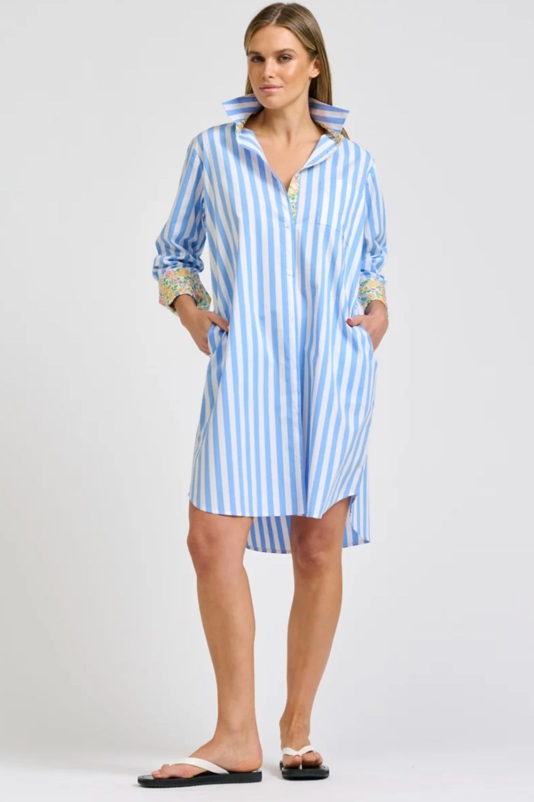 Winnie Classic Shirtdress | Pale Blue Stripe Floral Trim