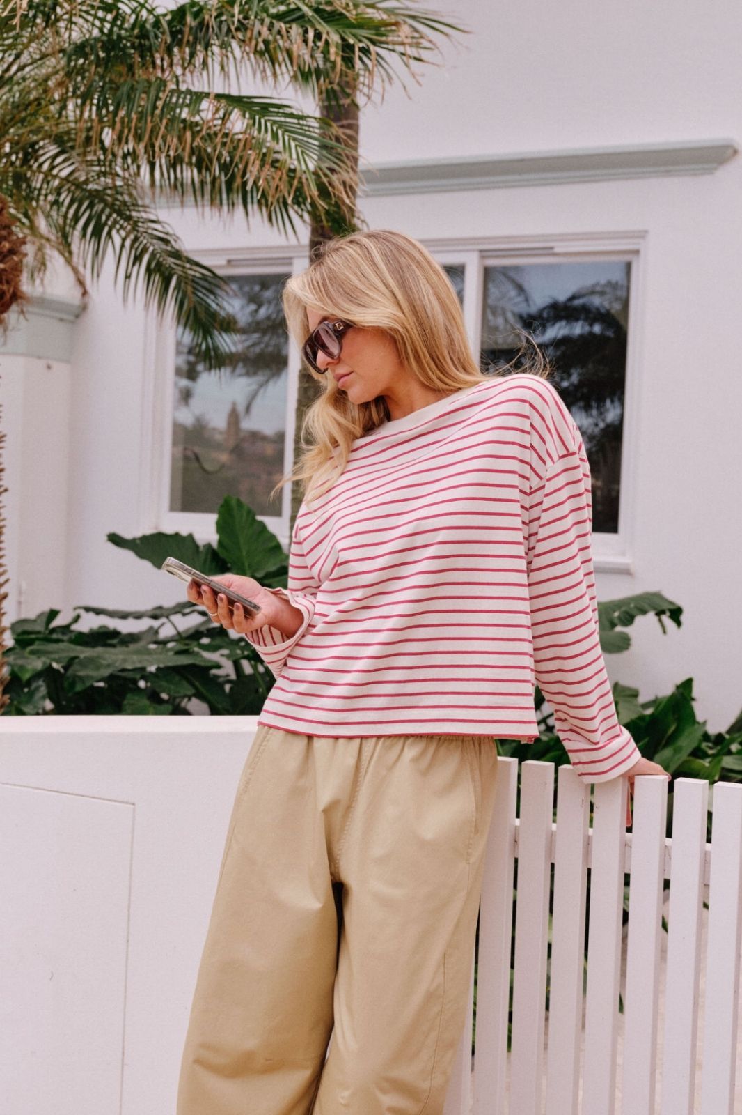 Beau Long Sleeve Slouchy Tee | Buff/Red Stripe