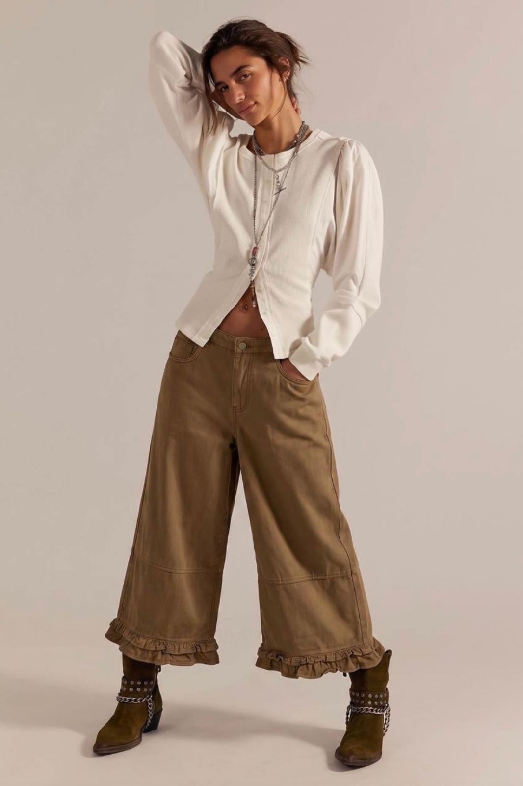 Ruffle Detail Hem Jean | Caramel