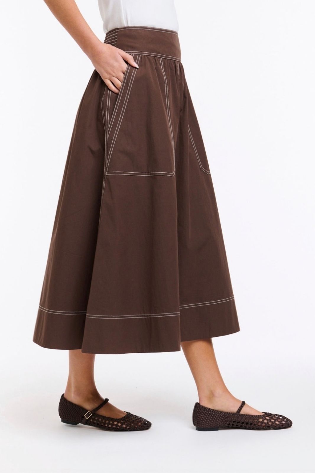 Marion Cotton Skirt | Choc/White Stitching
