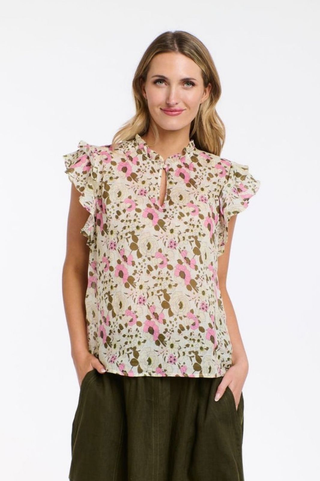 Greta Flutter Top | Ecru Floral Print