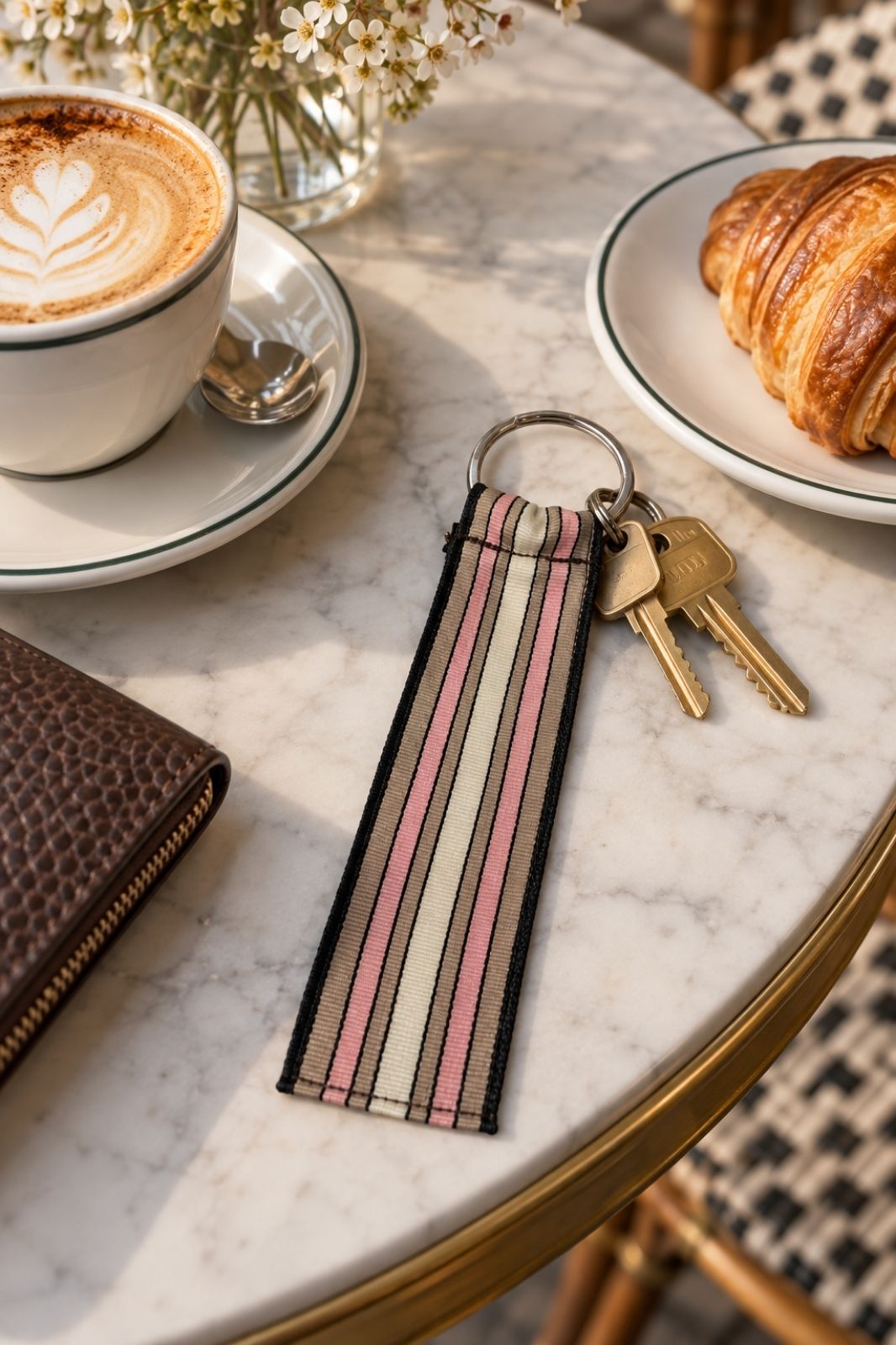 Grosgrain Key Rings | Taupe, Pink &amp; Black Stripe