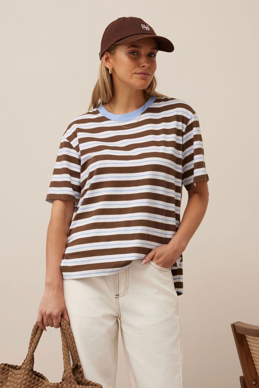 Stevie Slouchy Tee | Cocoa Sky Blue Stripes
