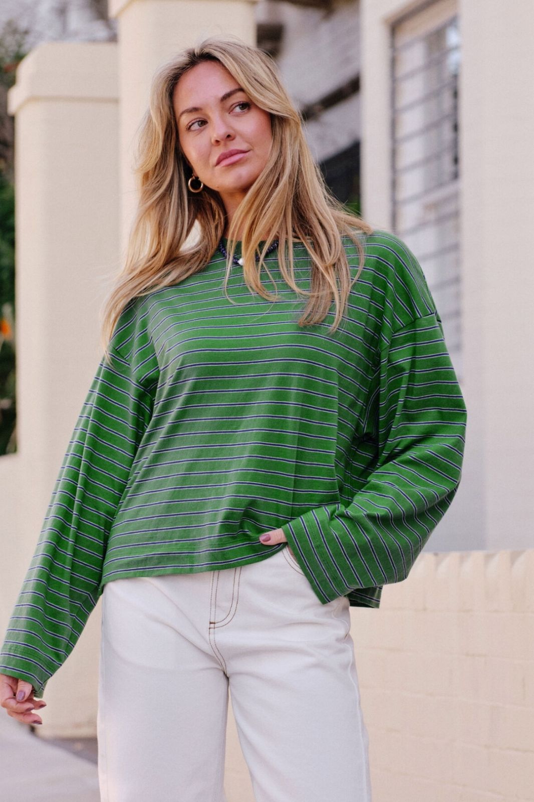 Beau Long Sleeve Slouchy Tee | Basil/Prussian Blue Stripe