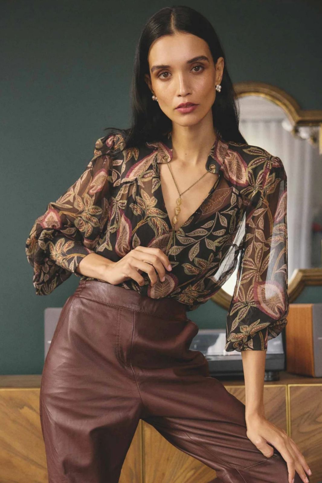 Freya Sheer Viscose Blouse with Embellished Neck Detail | Dark Tropique