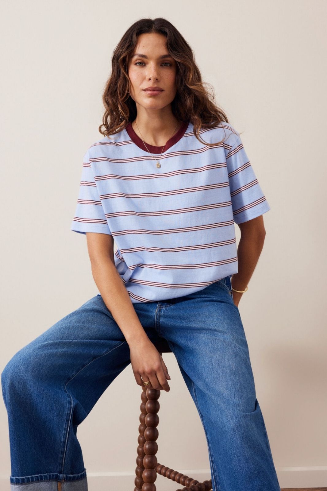 Stevie Slouchy Tee | China Blue/Mulberry White Stripe