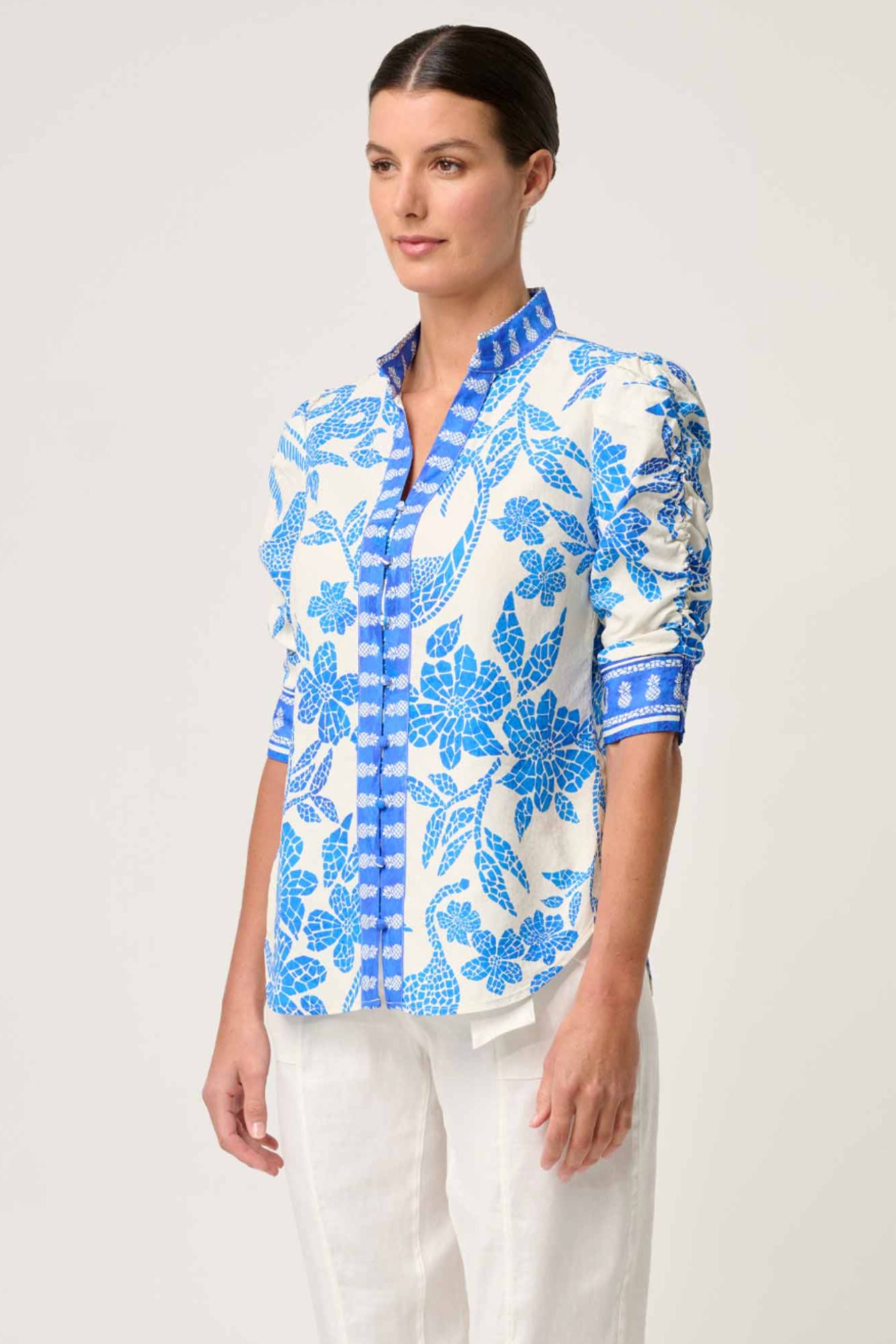 Calantha Contrast Trim Shirt | Azure Mosaic