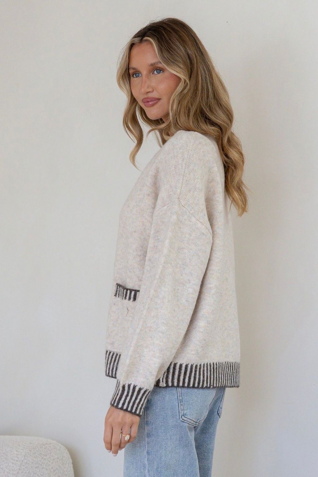 Macie Blanket Stitch Cardi | Beige/Chocolate