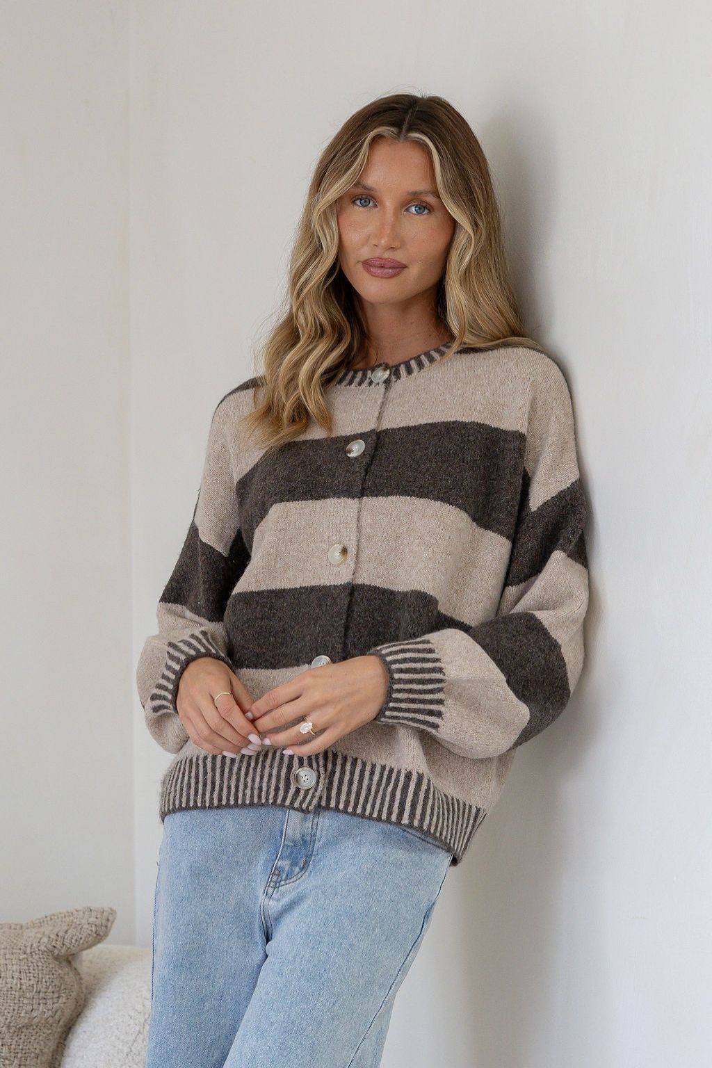 Macie Stripe Blanket Stitch Cardi | Chocolate/Warm Beige